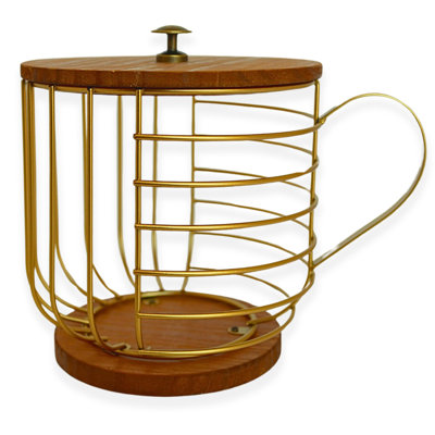 Coffee Pod Holder - Compatible With Nespresso Vertuo Pods And Capsules - Gold Metal K Cup Holder - Cute Coffee Pod Basket W/ Wooden Base & Lid -  BOJUNTAN, sjlB0CZK5HCCZ