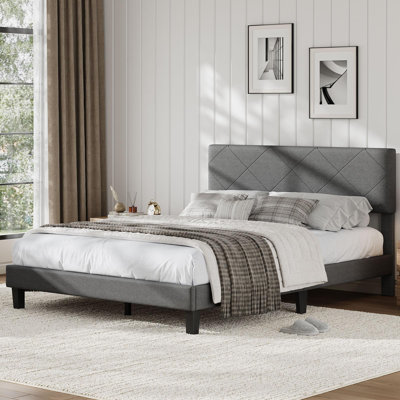 Upholstered Platform Bed Frame with Headboard, Gray Bed with Wood Slats & Noise Free Design