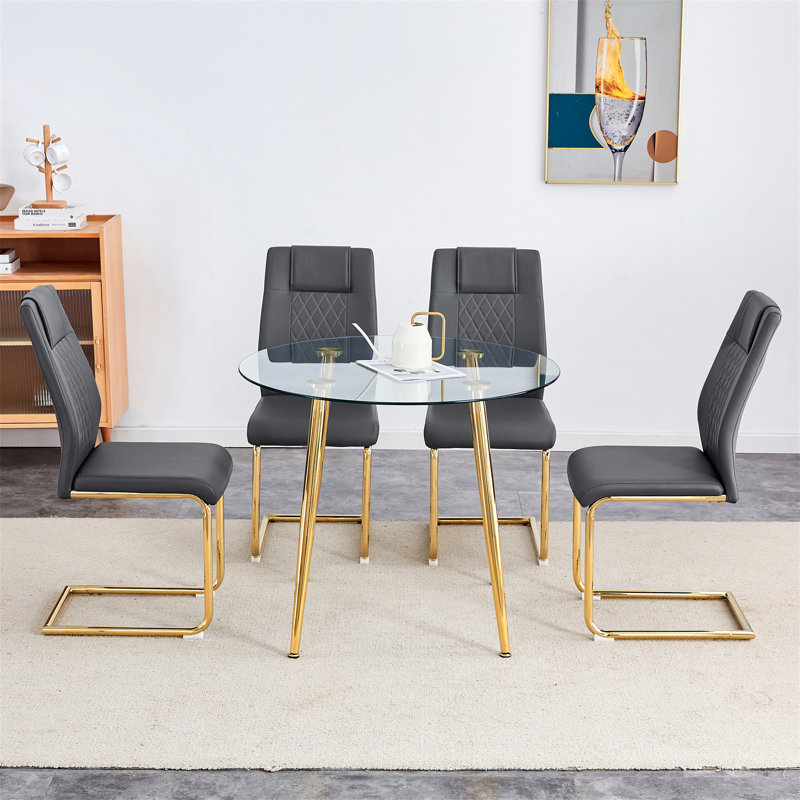 Olaitan Modern 5-Piece Round Tempered Glass Dining Set with Cantilever Chairs and Metal Chrome Legs, Silver, White/Silver