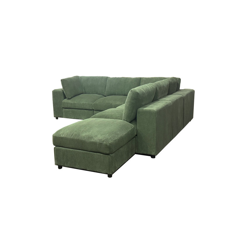 Arregui 108.5" Wide Symmetrical Modular Corner Sectional with Ottoman, Dark Green Corduroy