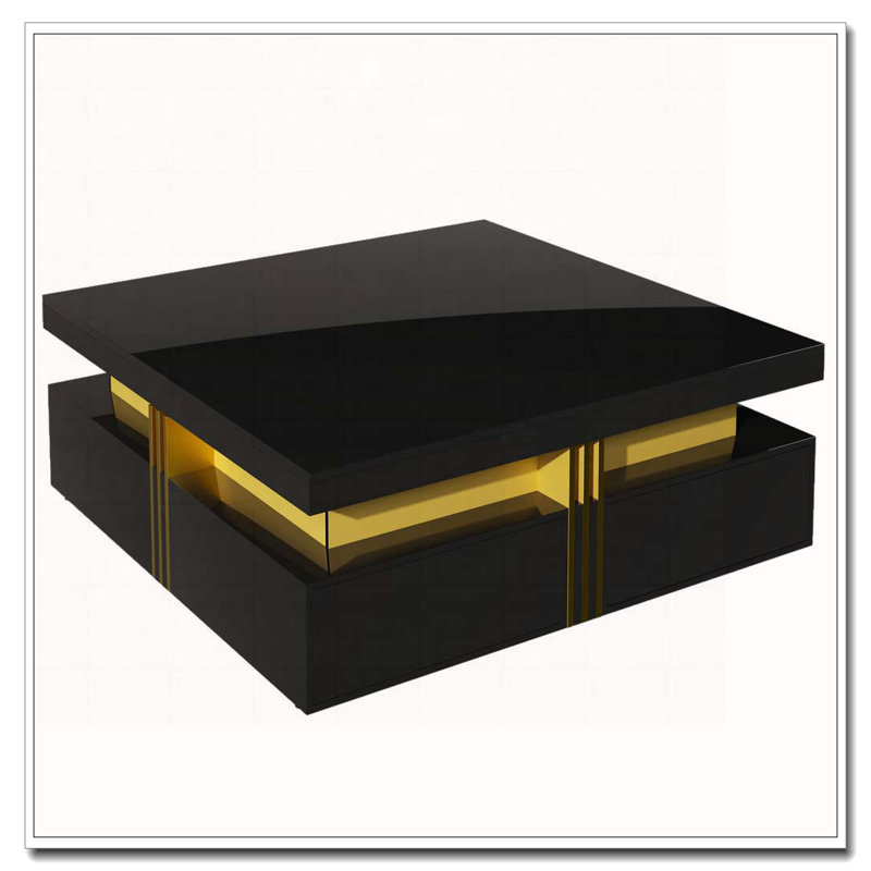 Glossy Square Storage Coffee Table With 4 Drawers, Black, Wood