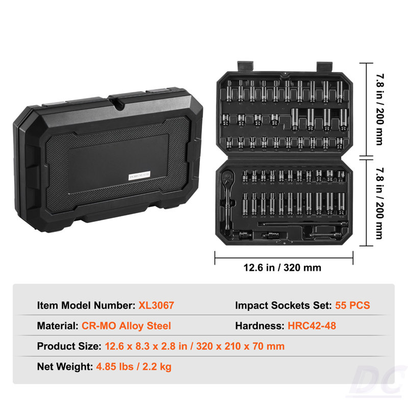 Impact Sockets Set 55Pcs 6-Point 1/4" Drive Bit Ratchet Tool Kit Case