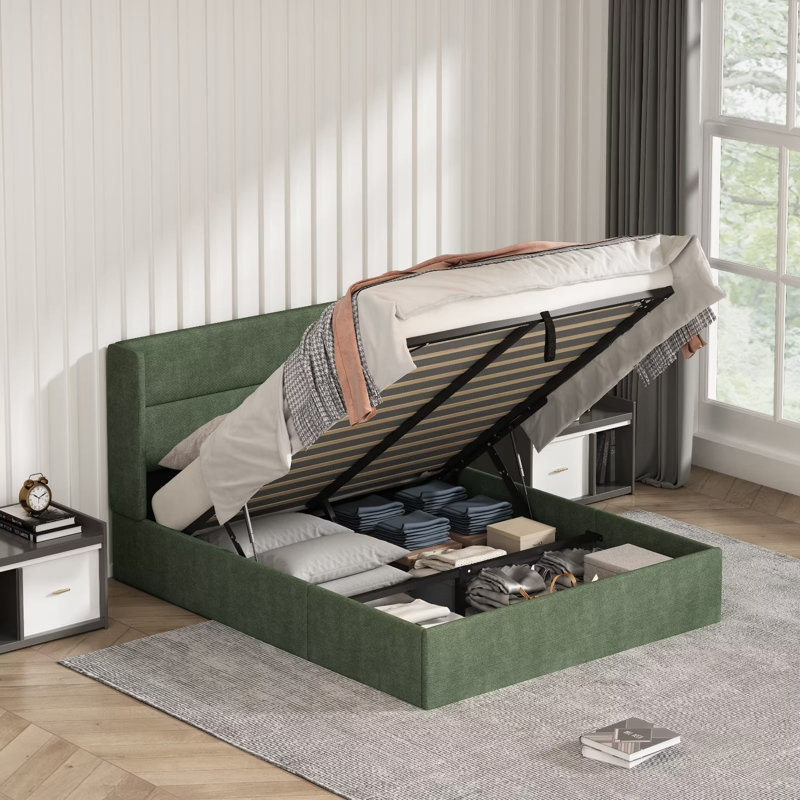 Moss Green Queen Upholstered Platform Bed with Storage
