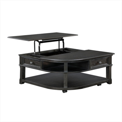 Charcoal Wood Lift-Top Coffee Table with Storage Drawer and Open Shelves, Square Cocktail Table for Living Room