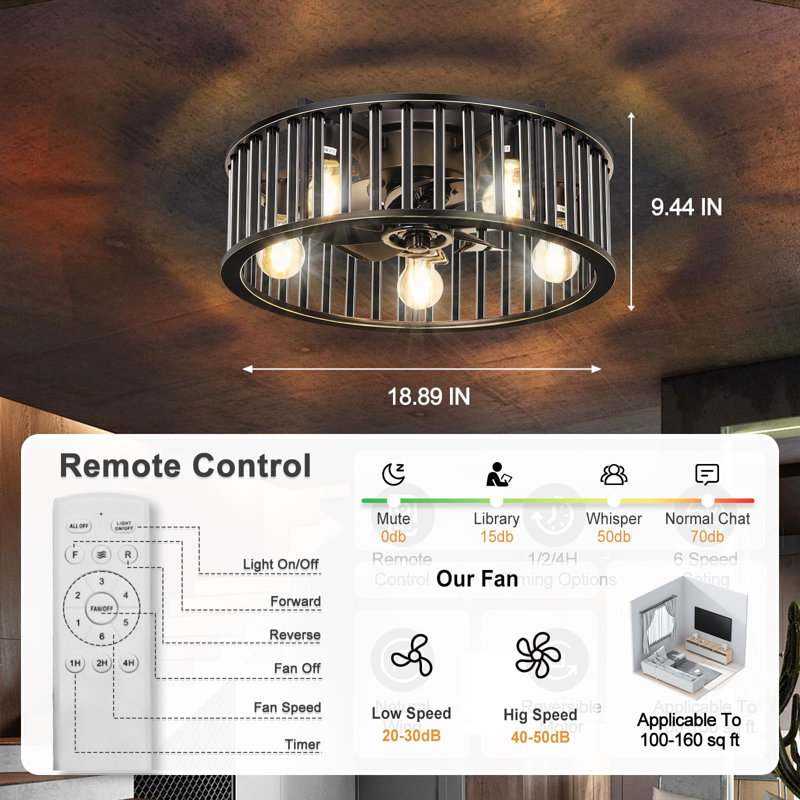 18.89"Flush Mount Ceiling Fan Light with Remote for Indoor