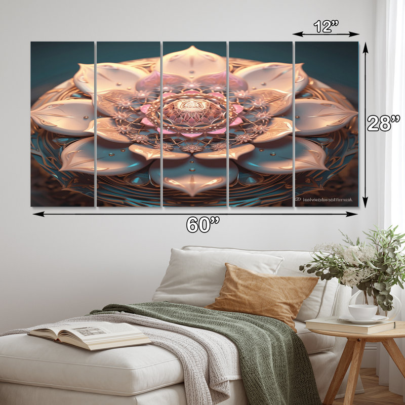 Exquis de lotus rose Mandala VI - impression d'art mural Mandala Boho - 5 panneaux égaux