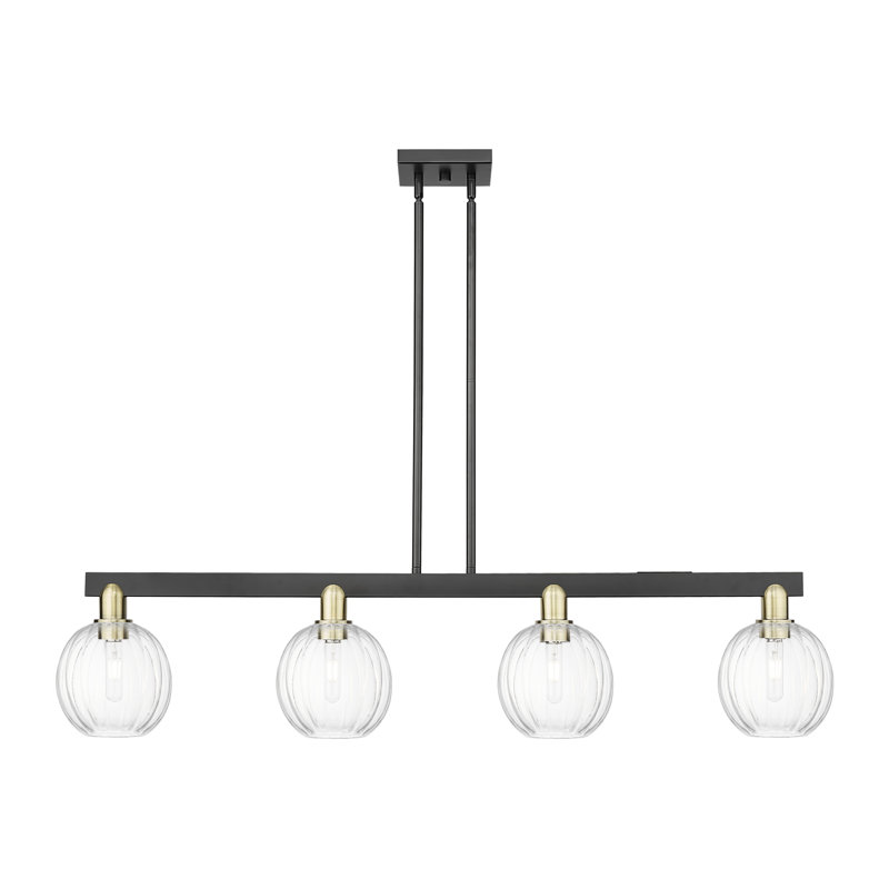 Hailsham - 4 Light Globe Shade Stem Hung Island Light, Clear, Antique Brass/Matte Black