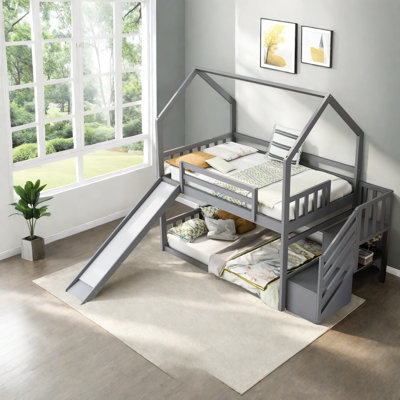 Lit superposé avec rangement House, lit simple en bois de pin, chambre d'enfant moderne
