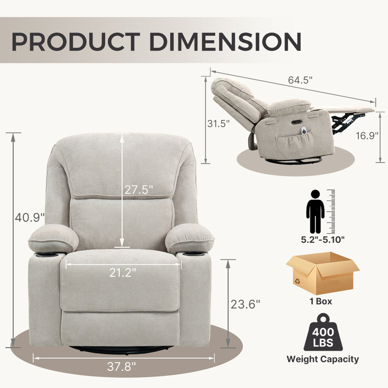 Fauteuil inclinable électrique berçant inclinable chauffant à massage électrique avec porte-gobelets et port USB Type C (gris beige)