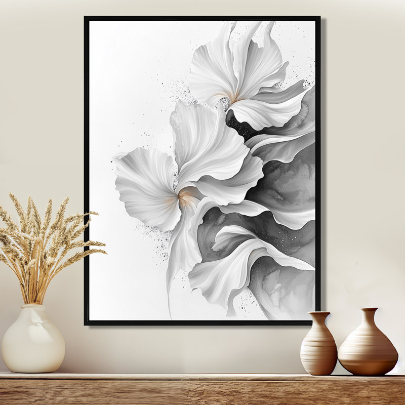 Velours blanc, gris, noir, fleurs abstraites - Fleurs, art mural, H 44 po x l 34 po, Reproduction avec cadre flottant, Noir