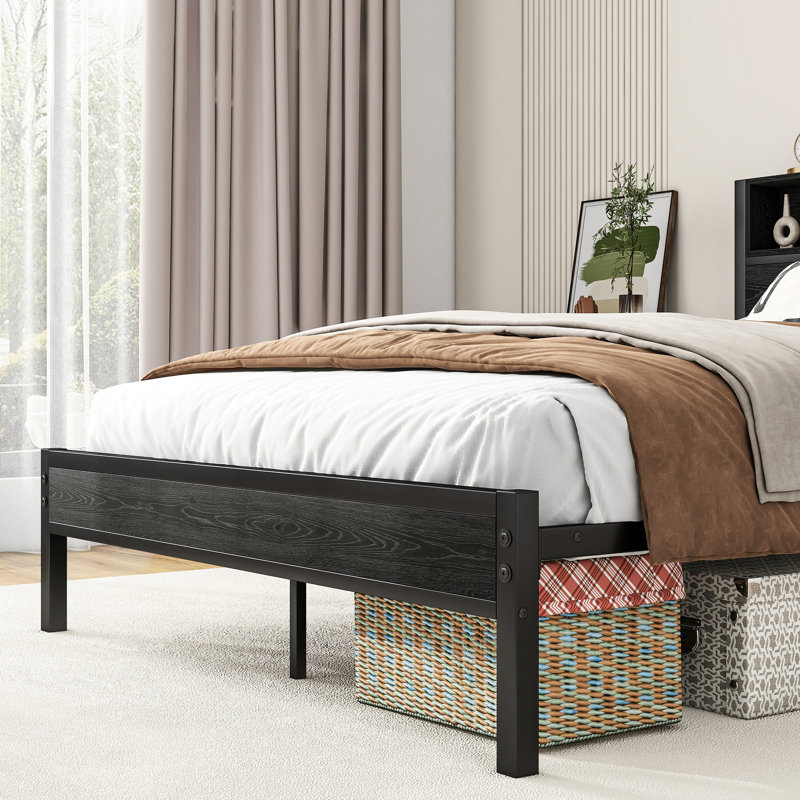 Lit plateforme en métal avec espace de rangement et de charge pour tête de lit double, facile à construire, silencieux, sans sommier, cadre et capacité de taille noire, assemblé,