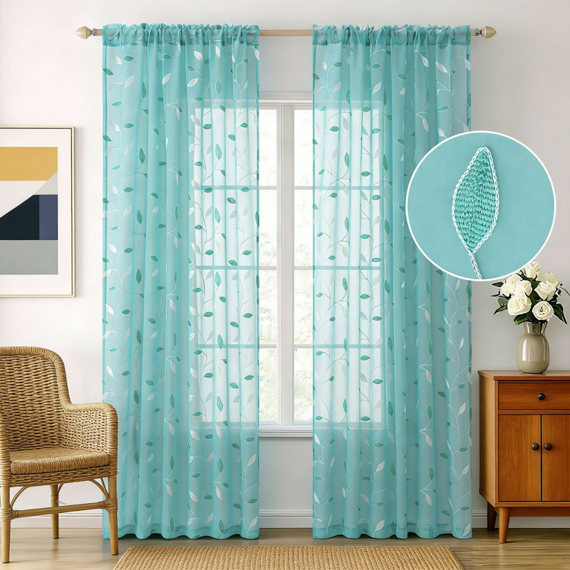 Turquoise Sheer Curtains 2 Panels Embroidered Leaf Patterned Rod Pocket Floral, 52" W x 84" L