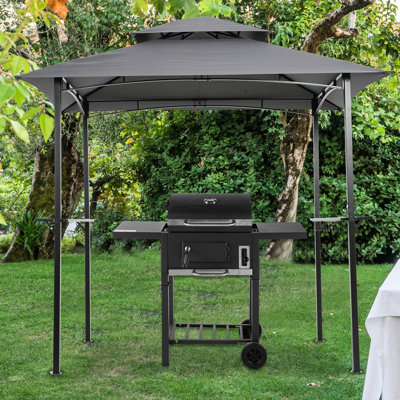 Toit de remplacement pour pavillon de jardin 8 x 5 pi - Auvent de tente à deux niveaux pour barbecue, gris, installation simple pour barbecue extérieur, tissu gris résistant à l'eau, utilisation festive