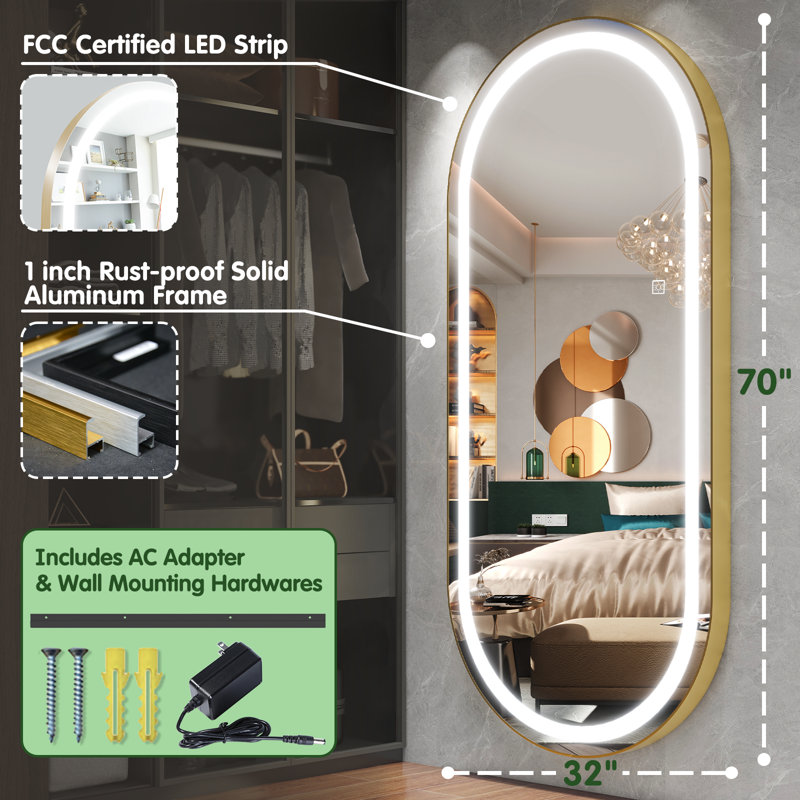 Miroir ovale à DEL pleine longueur avec large bande lumineuse et cadre en aluminium brossé, doré, Or brossé