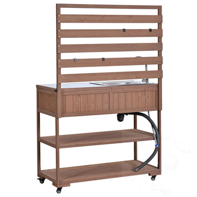 Banc de jardin avec évier, tablettes mobiles et ouvre-bouteille