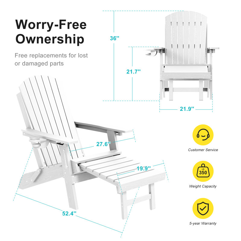 Folding Adirondack Chair with Retractable Ottoman & Cup Holder, 3-Position Adjustable for Patio, All-Weather Outdoor Seating