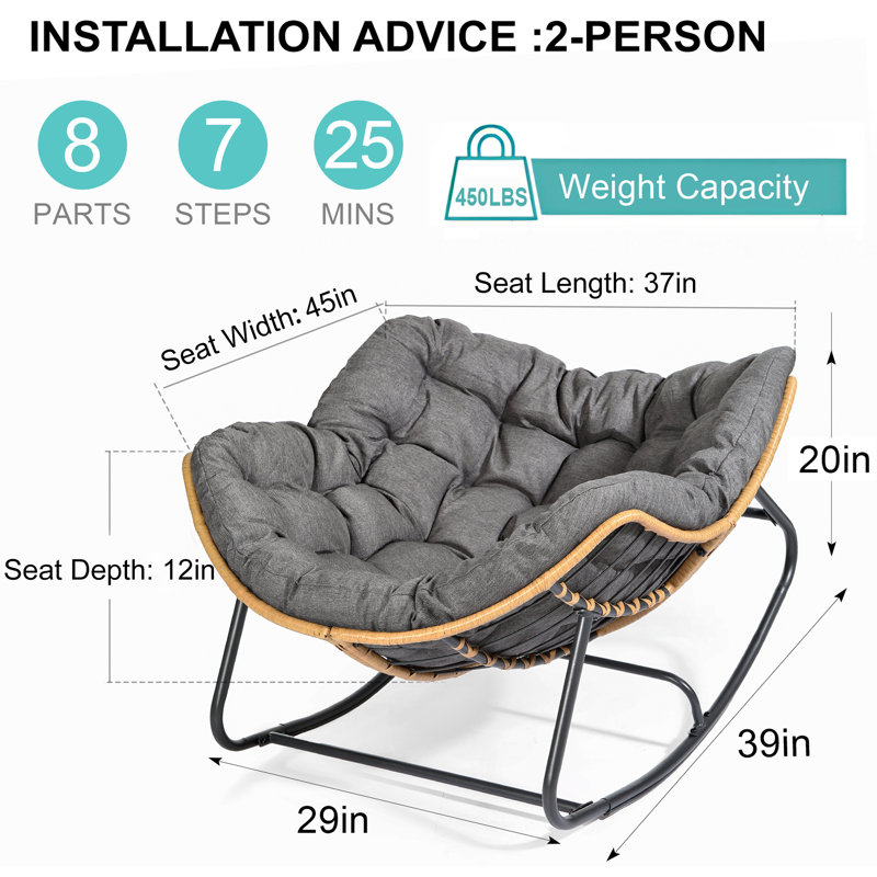 Weixel Oversized PE Wicker Outdoor Rocker Chair With Cushion, Gray