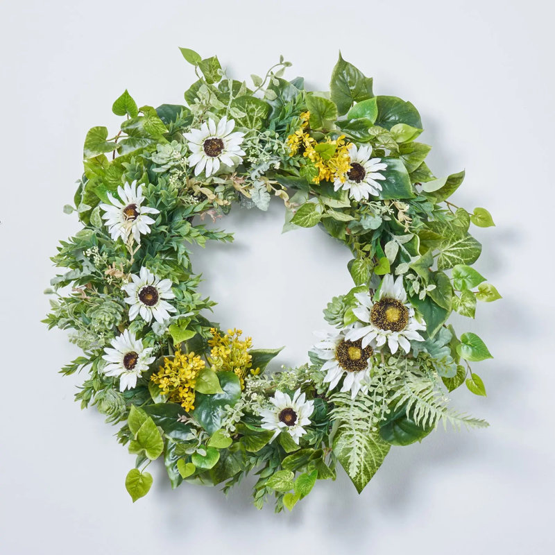 Couronne de tournesol blanche, hortensia jaune et feuille de pomme de terre