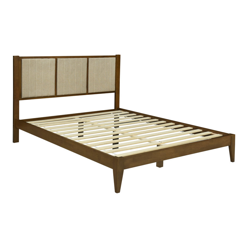 Henry Solid Wood Upholstered Headboard Bed Frame, Queen, Walnut