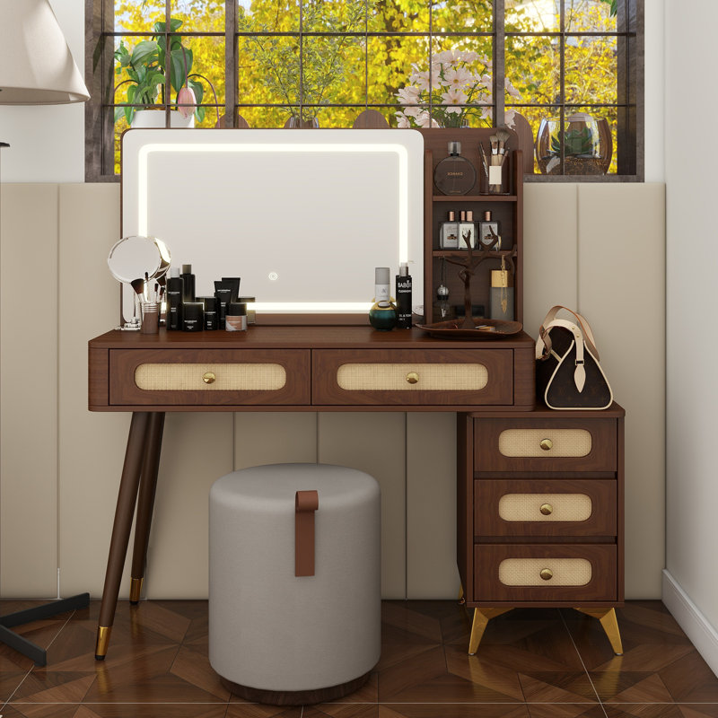 Coiffeuse de 47 po avec miroir et lumières, coiffeuse de maquillage avec 5 tiroirs et tablette de rangement, conception de tiroir en rotin, 3 modes de couleur et coiffeuse à luminosité réglable, noyer foncé