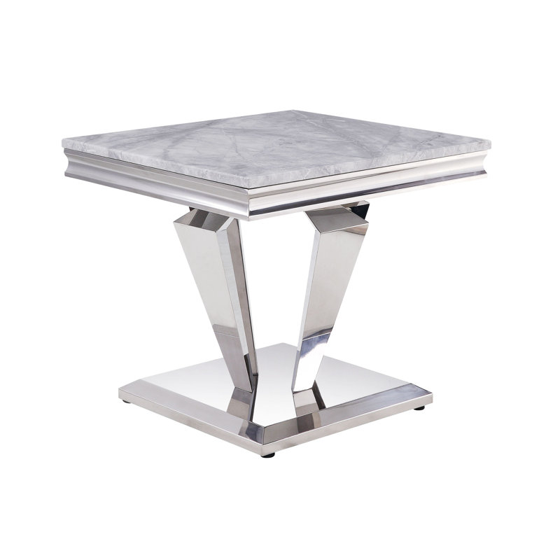 Satinka 24" Light Grey Marble & Stainless Steel End Table