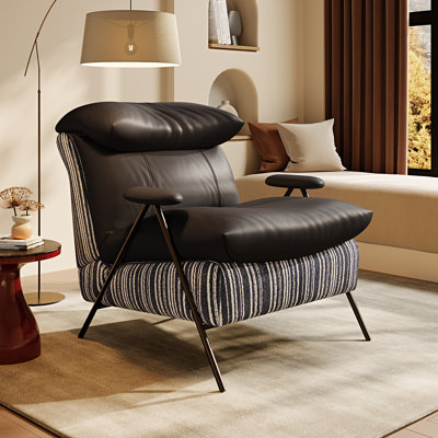Fauteuil d'appoint moderne, fauteuil rembourré en chenille et cuir, structure en bois massif, confortable pour la lecture dans le salon, la chambre et le bureau, noir