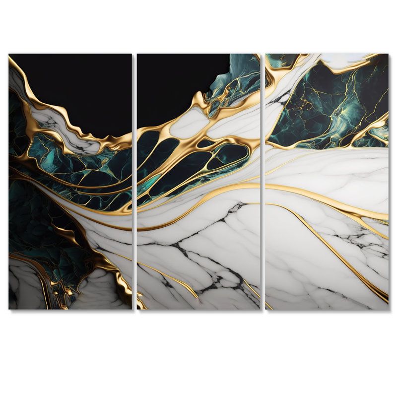 «Abstract Geode Gold and Green Marble III», reproduction sur toile 3 pièces, H 32 po x l 48 po, Toile tendue, Sans cadre