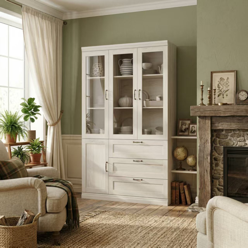79.9" H 3-Drawer China Cabinet With Glass Doors