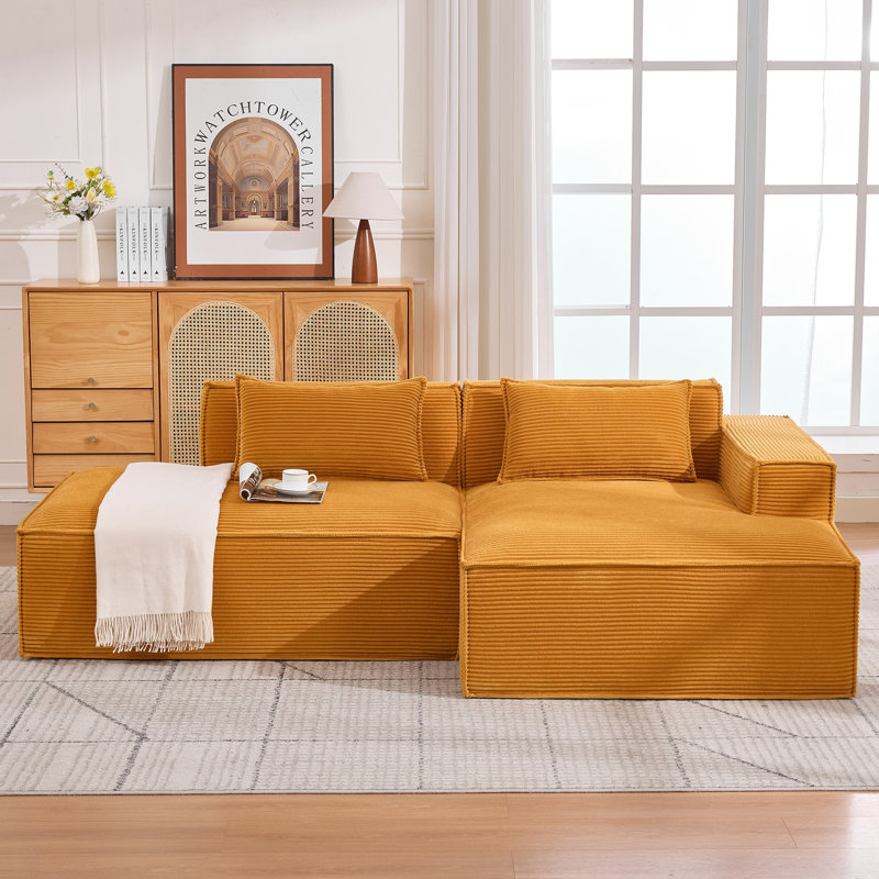 Canapé modulaire en velours côtelé à compression en L 92 po, canapé rembourré doux et désossé moderne avec jeté, aucun assemblage requis pour le salon