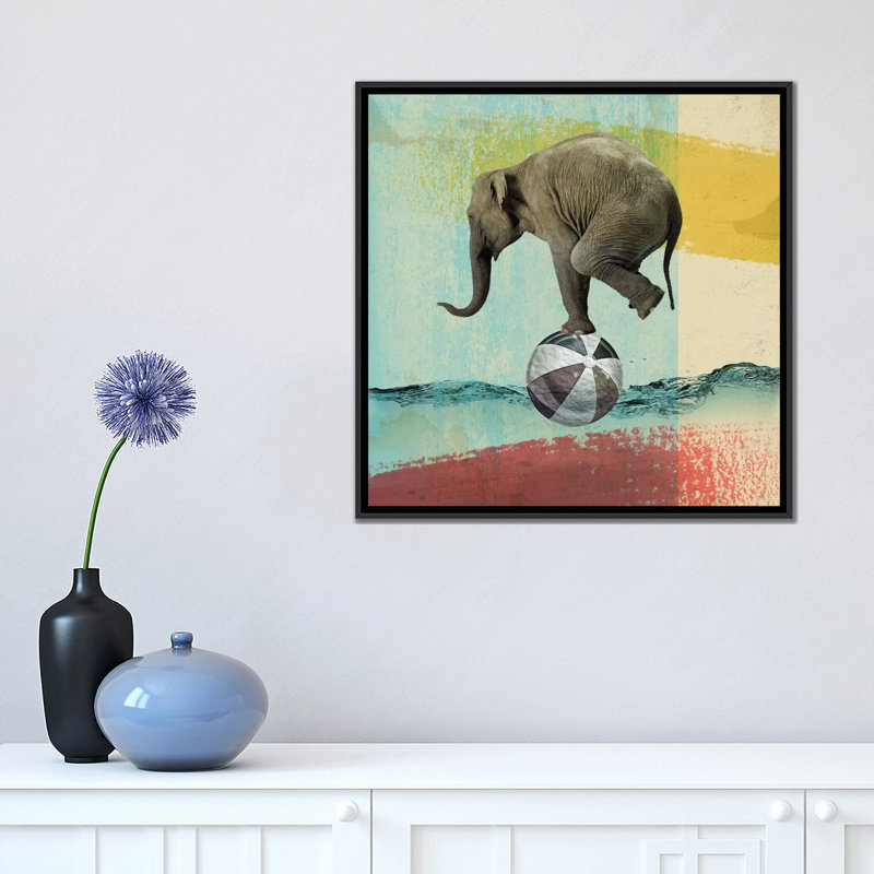 « balance éléphant », impression sur toile tendue, H 18 po x l 18 po x P 1,5 po, Toile encadrée noire, Pas de tapis