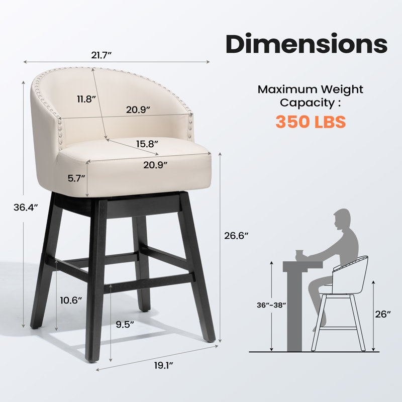26.5" Swivel Faux Leather Upholstered Counter Stool with Solid Wood Legs, Beige, Counter Stool (26.5" Seat Height)