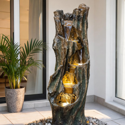Fontaine d'eau à plusieurs niveaux avec lumières DEL, conception d'arbre en résine gris ardoise, autoportante compacte pour les patios
