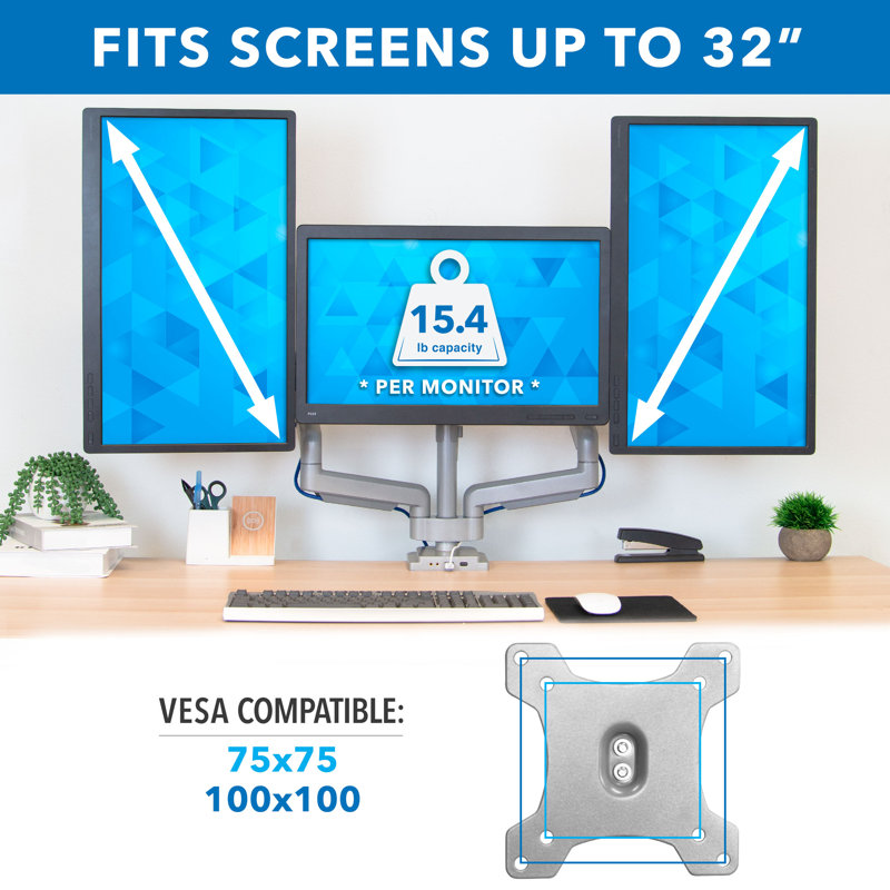 Silver Adjustable Triple Monitor Desk Mount with USB and Audio Ports