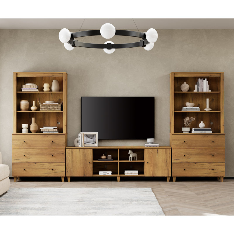 TV Stand And Bookshelves Set With Cabinets & Drawers For 75" Tvs, Oak Brown