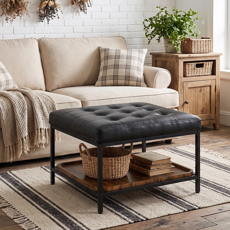 Banc repose-pieds capitonné 3-en-1, table basse, repose-pieds et plateau de rangement en bois pour le salon, Noir