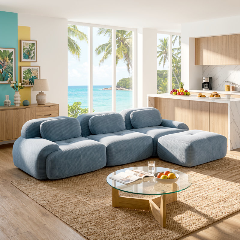 Canapé d'angle modulaire en velours côtelé bleu ciel, 116 po, assises profondes et accoudoirs incurvés, Bleu