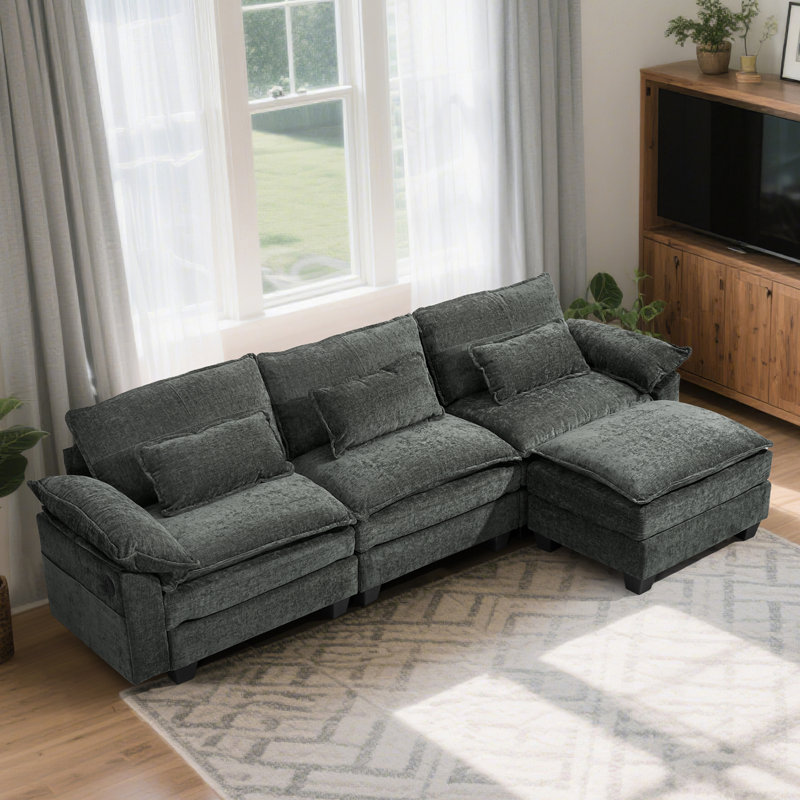 107.8'' Modular Sectional Sofa For Living Room, Cloud Couch Sectional With USB, Movable Ottoman, Gray