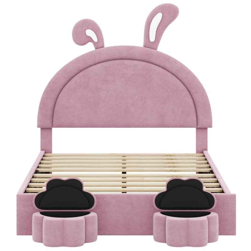 Lit double rembourré en forme de lapin avec 2 tabourets de rangement, Double, Rose