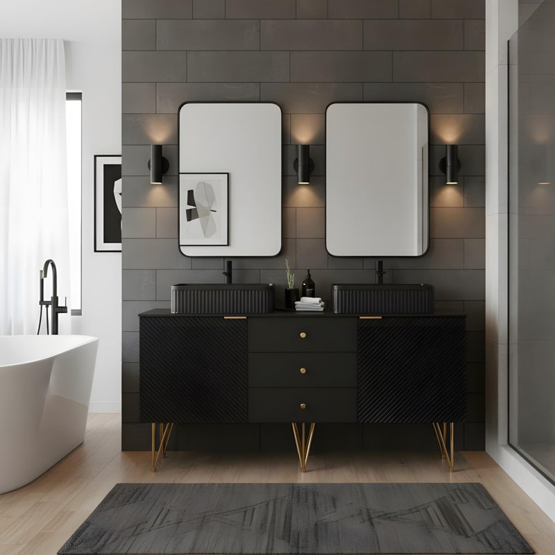 Meuble-lavabo de 60 po avec lavabo rectangulaire en céramique noire et comptoir en pierre frittée noire