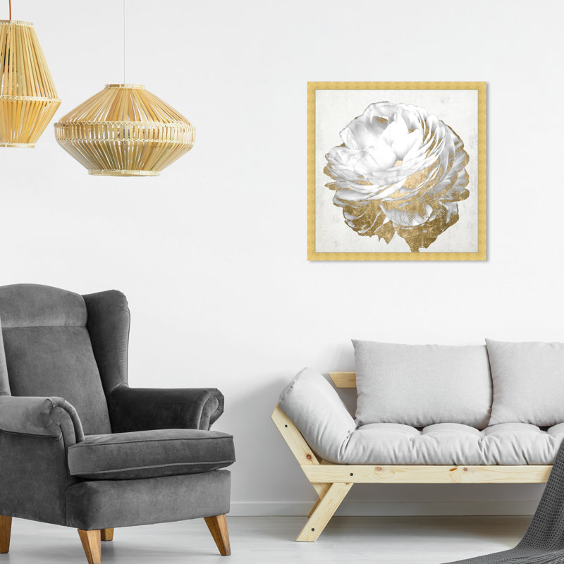 Or et lumière blanche florale - Peinture encadrée sur papier, H 22 po x l 22 po, Cadre doré