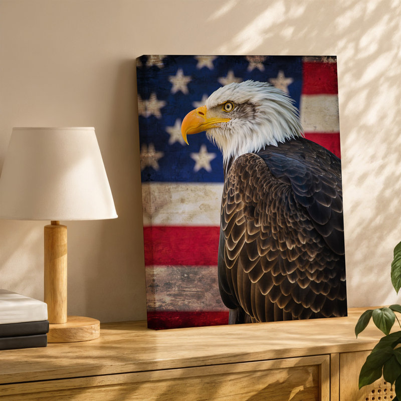 Reproduction d'art sur toile, "Aigle chauve majestueux" perché en évidence contre une toile de fond vieillie avec le drapeau américain
