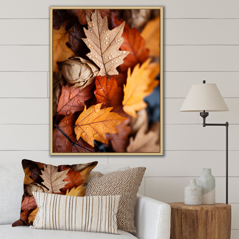 «Yellow and Orange Autumn Mapple Leaves 2» - art mural feuilles, Cadre photo blanc, H 20 po x l 12 po