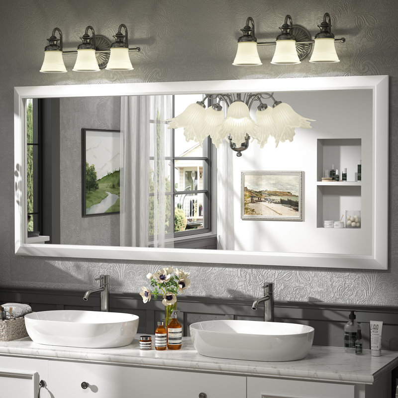 Amara Tempered Glass and Aluminum Alloy Framed Wall Mirror, Matte White, 72" x 32"