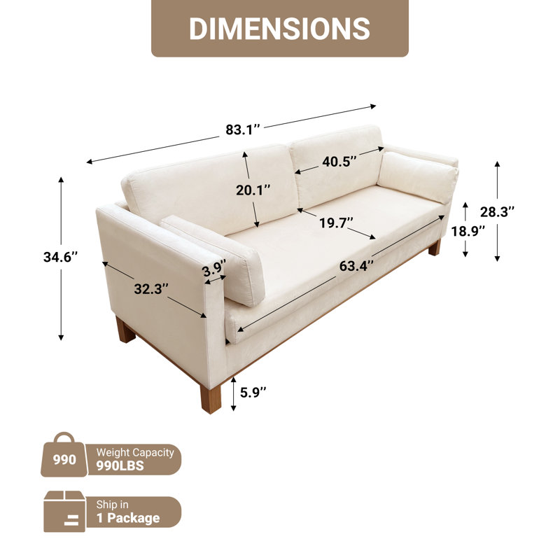Canapé rembourré 83 po. Mid-Century Velevt, Beige Velvet
