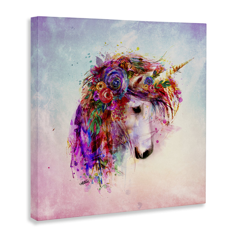 Art abstrait sur toile avec licorne abstraite et fleurs par Sally Kaye Barlow / Makaio Design, H 24 po x l 24 po