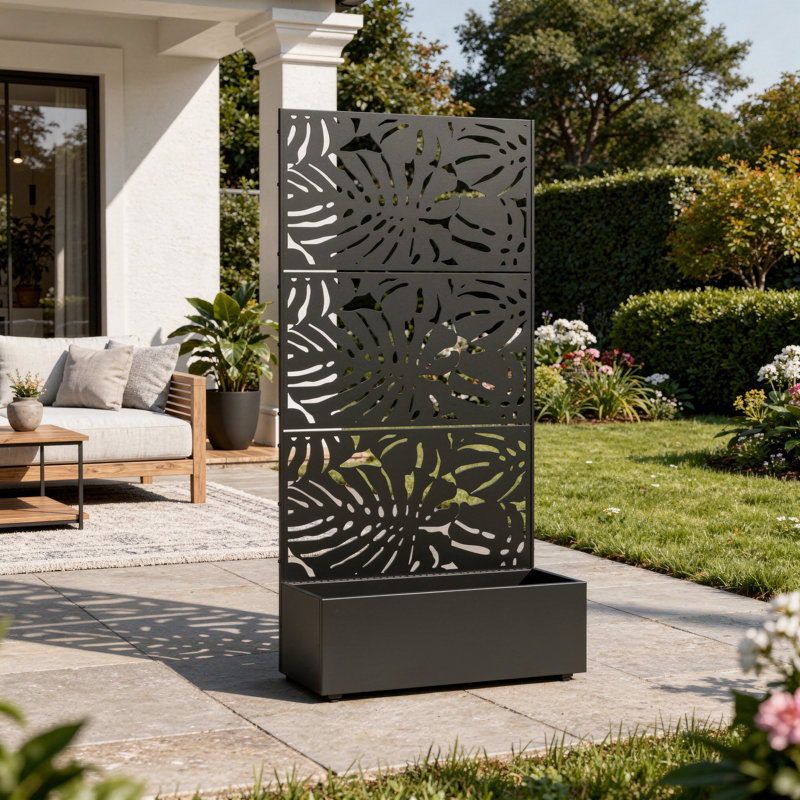 Truett Metal Planter Box with Trellis and Wheels, 70.8" H x 35.5" W x 15.7" D, Black