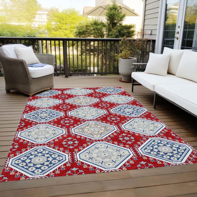 Red and Blue Synthetic Washable Rectangular Rug