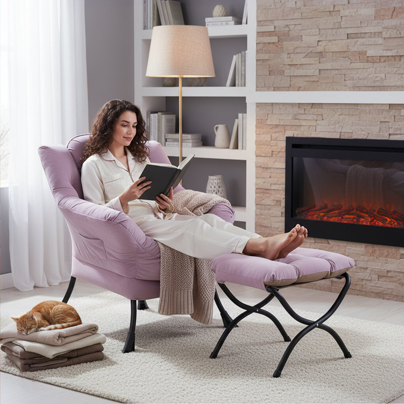 Abramson Lazy Chair, Modern Lounge Accent Chair with Armrests and a Side Pocket, Light Purple Velvet, No