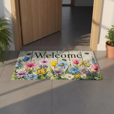 Welcome Mat 17X29 Inch Spring Summer Outdoors Indoors Front Door Mat, Low Profile Doormat For Outside Inside Home Entrance, Non Slip Rubber Back Floor Rugs For Entryway, Flower