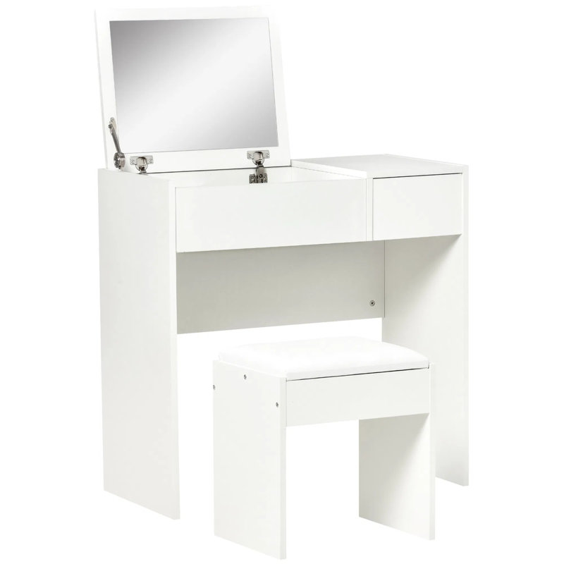 Ensemble de coiffeuse de maquillage 2 en 1 de style moderne avec miroir rabattable et tabouret rembourré, rangement cloisonné, bureau compact pour la chambre à coucher - blanc